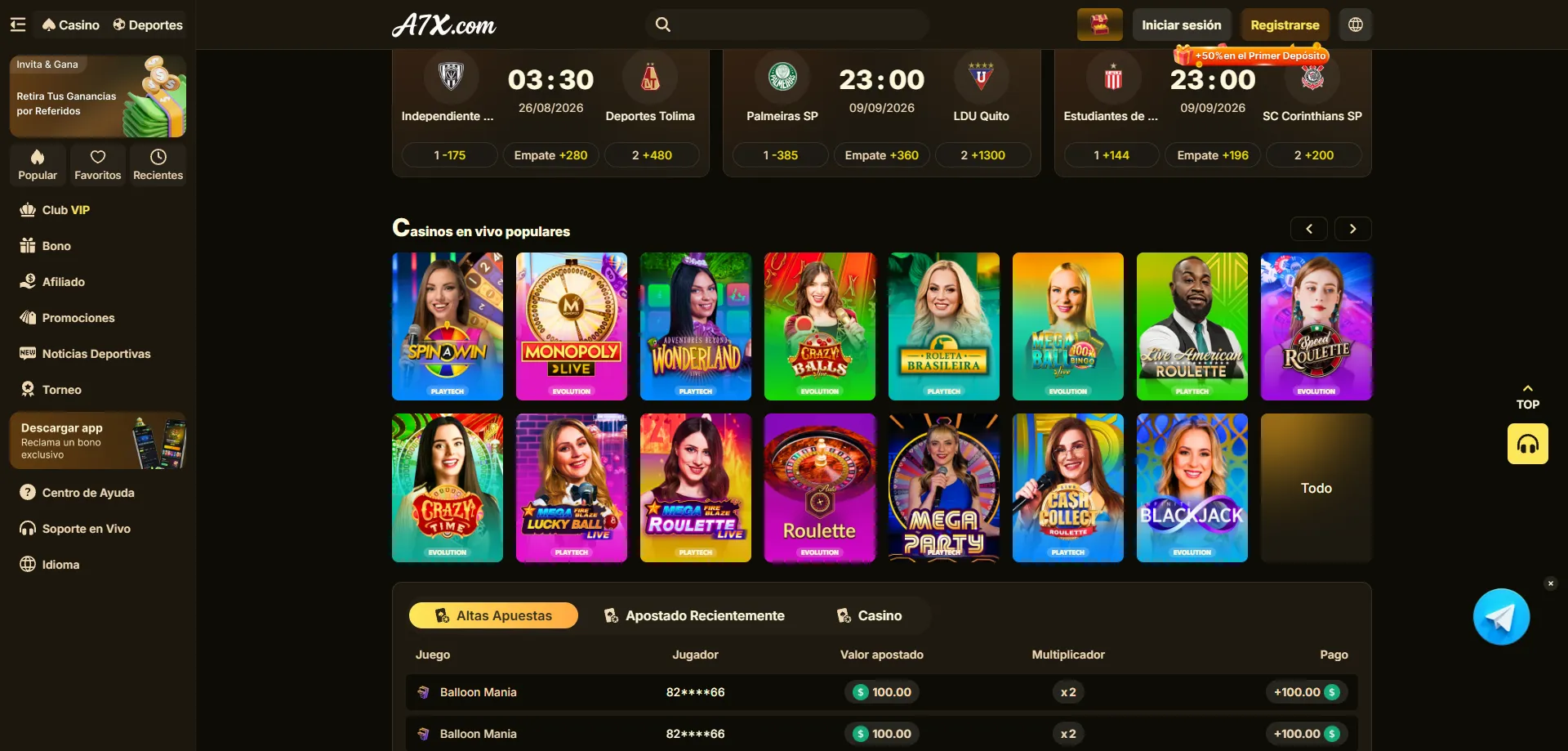 Casino en vivo en la app de A7X Casino — Evolution y PlayTech